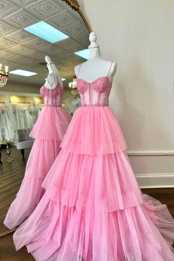 Wholesale Pink Tulle Lace Long Prom Dress A-Line Spaghetti Strap Evening Party Dress