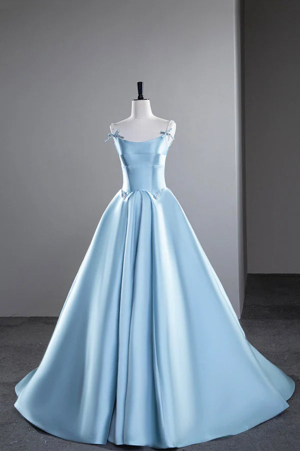 Wholesale Blue Satin Long Prom Dress A-Line Spaghetti Strap Evening Party Dress