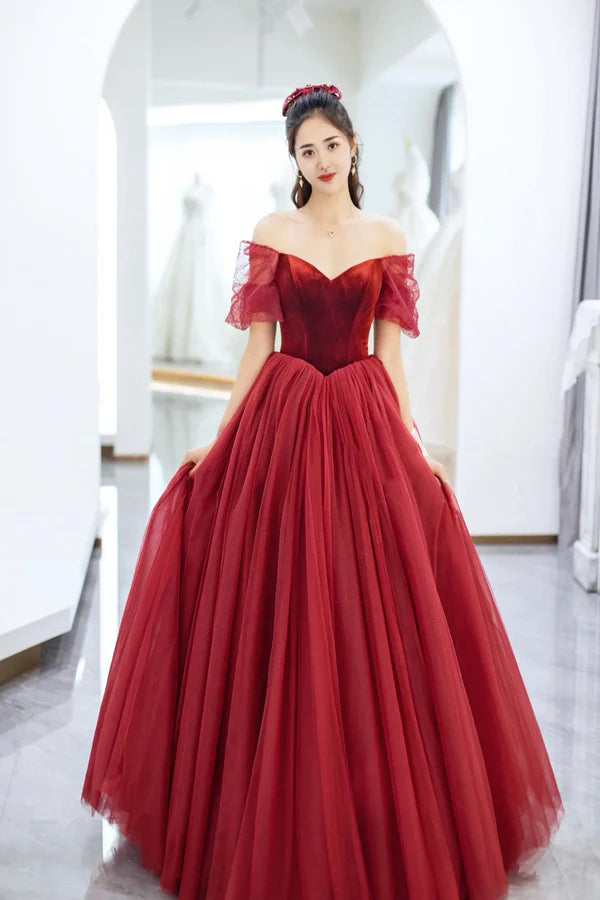 Wholesale Elegant Tulle and Velvet Long Prom Dress Off the Shoulder A-Line Evening Party Dress