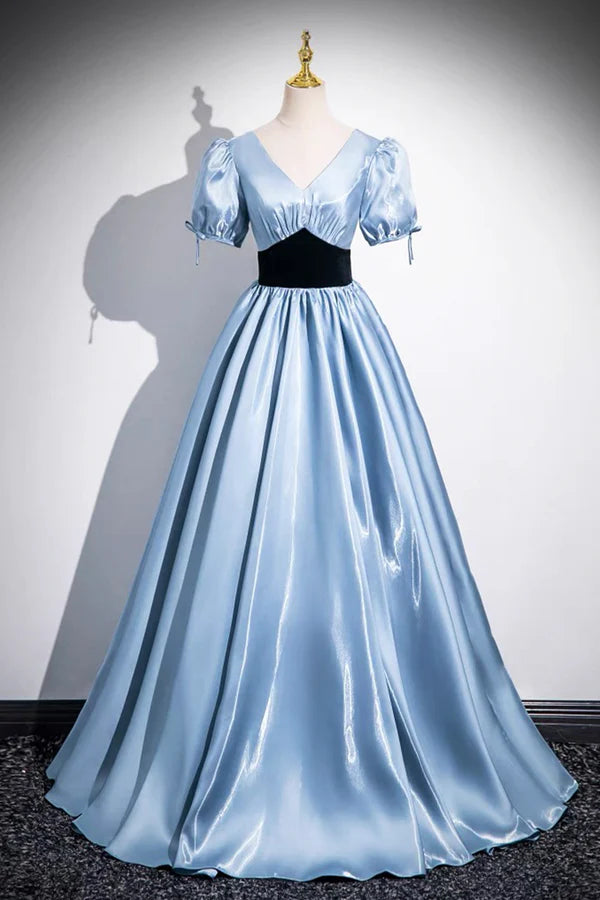 Wholesale Blue Satin and Black Velvet Long Prom Dress A-Line V-Neck Short Sleeve Evening Dress