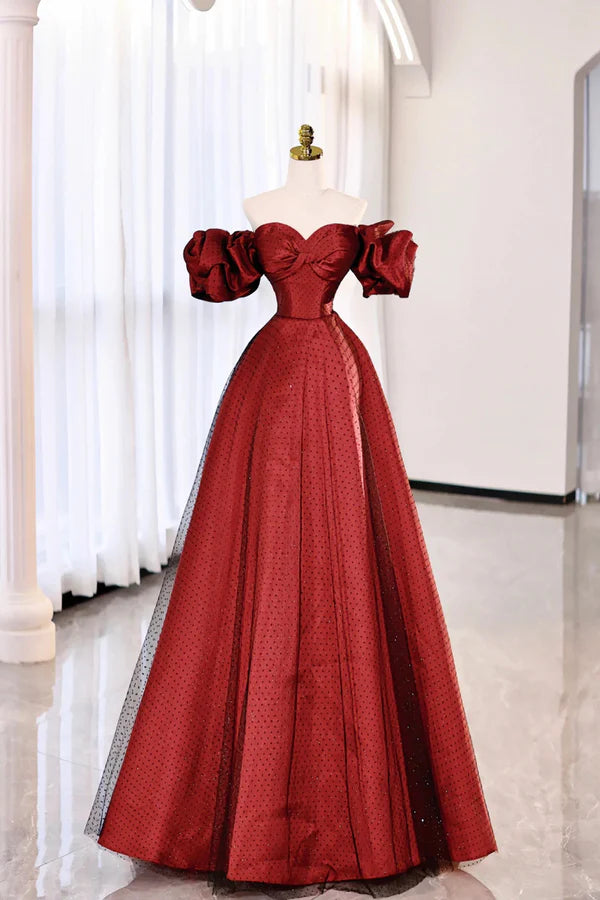 Wholesale Burgundy Satin Tulle Long Prom Dress Off the Shoulder Evening Party Dress