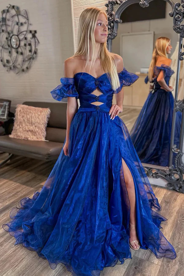 Wholesale Off the Shoulder Royal Blue Long Organza Prom Dresses Royal Blue Long A-Line Formal Evening Dresses