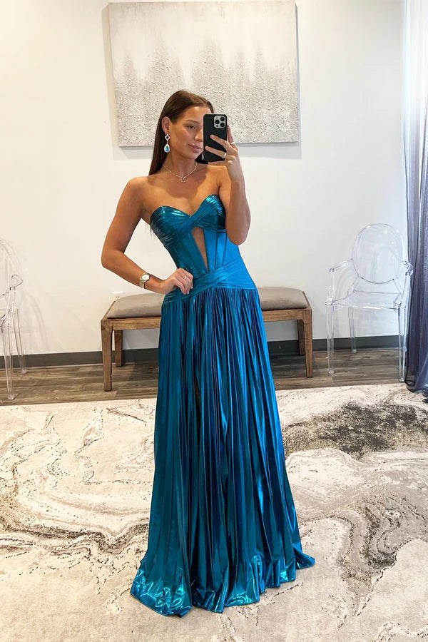 Wholesale Blue Satin Long Floor Length Prom Dress A-Line Blue Strapless Evening Dress Formal Dress