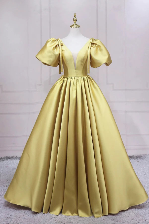 Wholesale Yellow V-Neck Satin Long Prom Dress A-Line Puff Sleeves Evening Party Dress