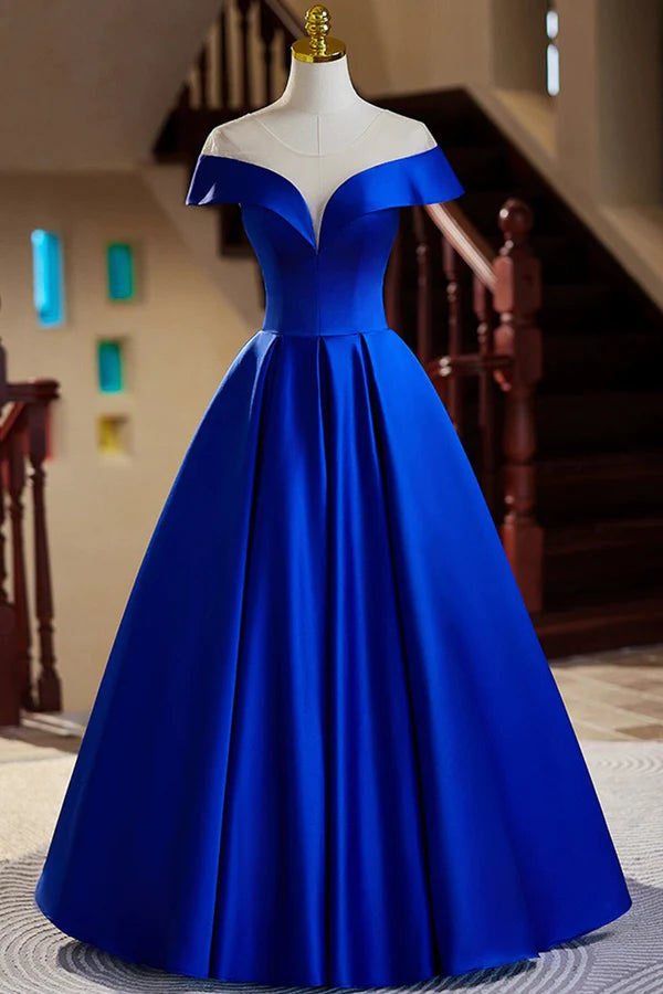 Wholesale Blue Satin Floor Length Prom Dress Elegant A-Line Evening Party Dress