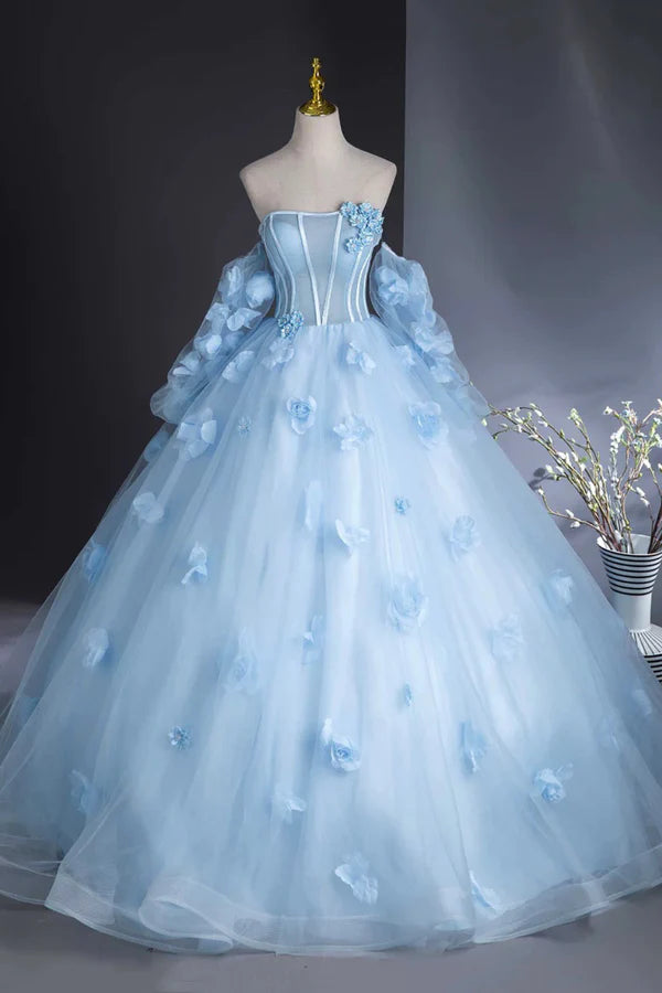Wholesale Blue Tulle Long Sleeves Formal Dress with Flowers Blue A-Line Prom Party Dress