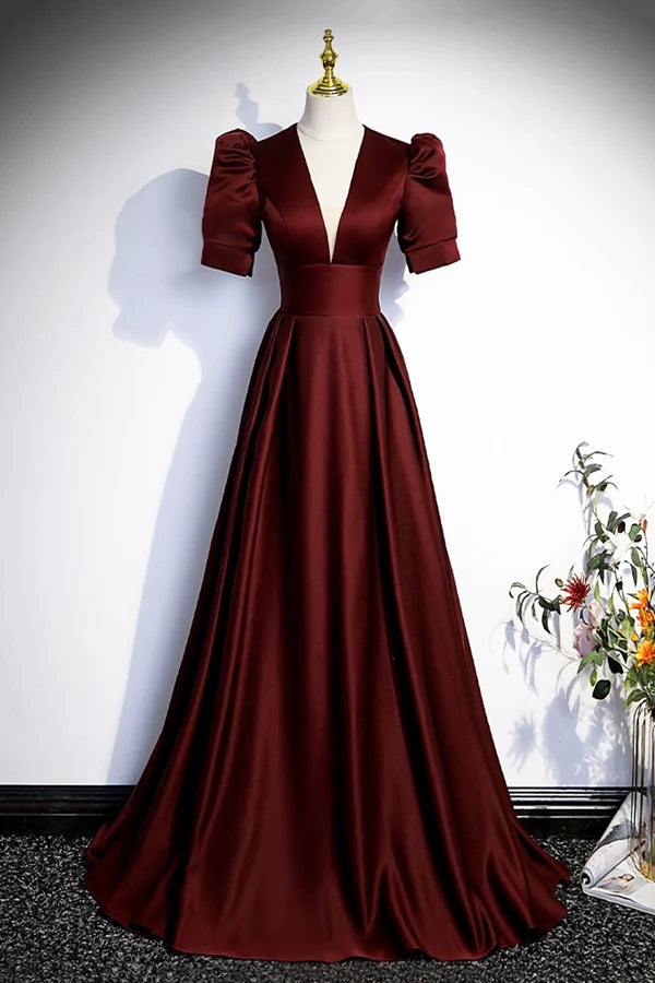 Wholesale Burgundy V-Neck Satin Long Prom Dress Simple Short Sleeve Evening Party Dress