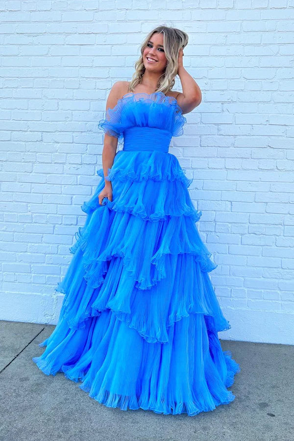 Wholesale Blue Strapless Princess Tulle Layers Ruffles Long Prom Dress
