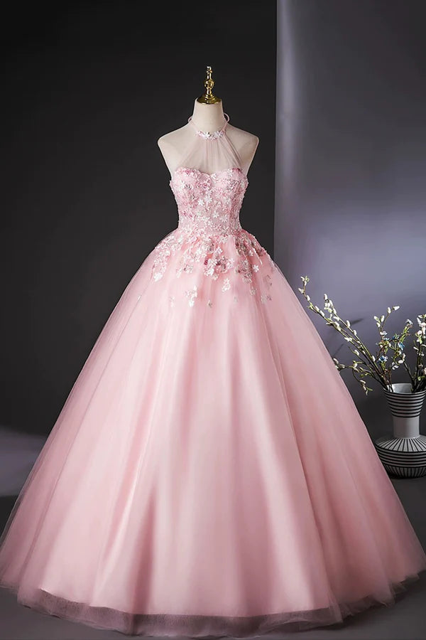 Wholesale Pink Halter Tulle Flowers Long Prom Dress Beautiful Backless Evening Party Dress