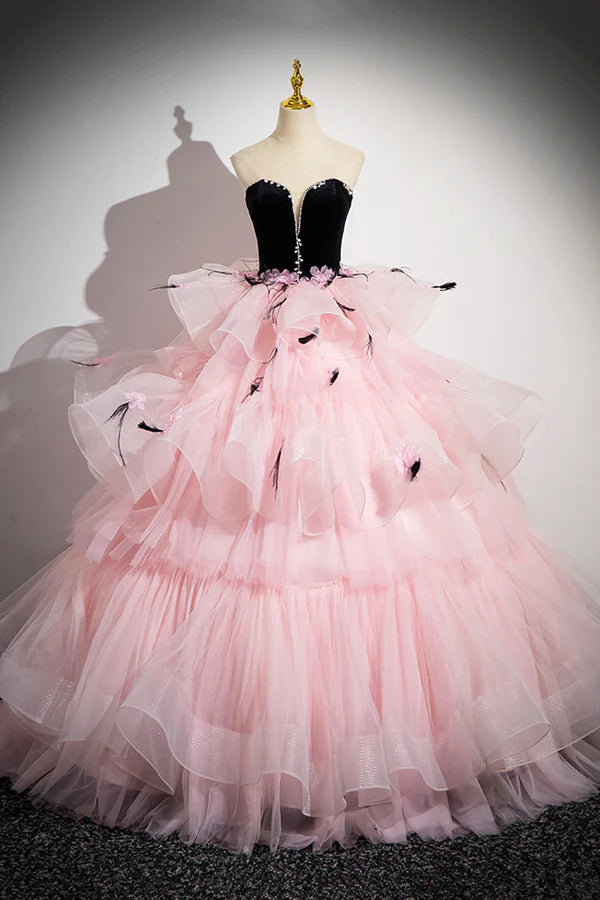 Wholesale Black Velvet and Pink Tulle Strapless Ball Gown Pink Backless Ruffles Formal Evening Dress