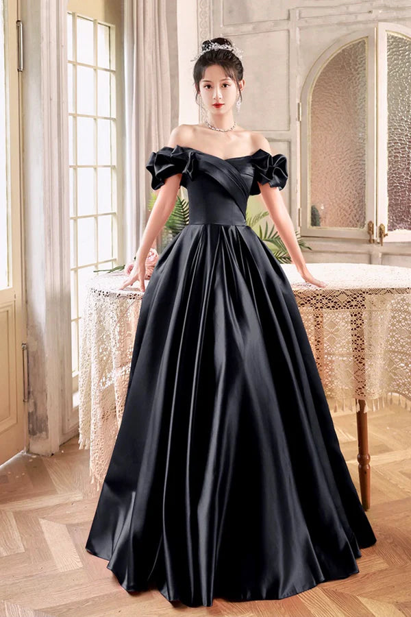 Wholesale Black Satin Floor Length A-Line Prom Dress Off the Shoulder Evening Party Dress