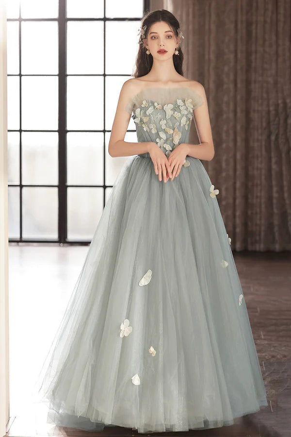 Wholesale A-Line Gray Tulle Strapless Floor Length Prom Dress Beautiful Backless Evening Party Dres with Flowers