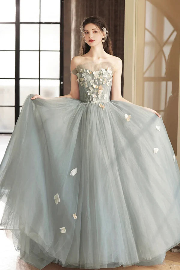 Wholesale A-Line Gray Tulle Strapless Floor Length Prom Dress Beautiful Backless Evening Party Dres with Flowers