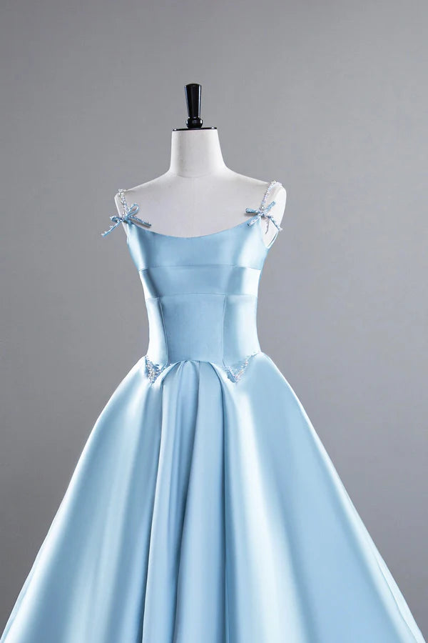 Wholesale Blue Satin Long Prom Dress A-Line Spaghetti Strap Evening Party Dress