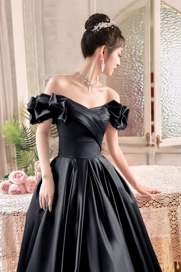 Wholesale Black Satin Floor Length A-Line Prom Dress Off the Shoulder Evening Party Dress