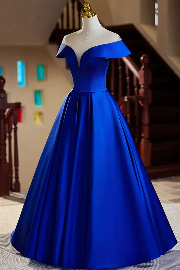 Wholesale Blue Satin Floor Length Prom Dress Elegant A-Line Evening Party Dress