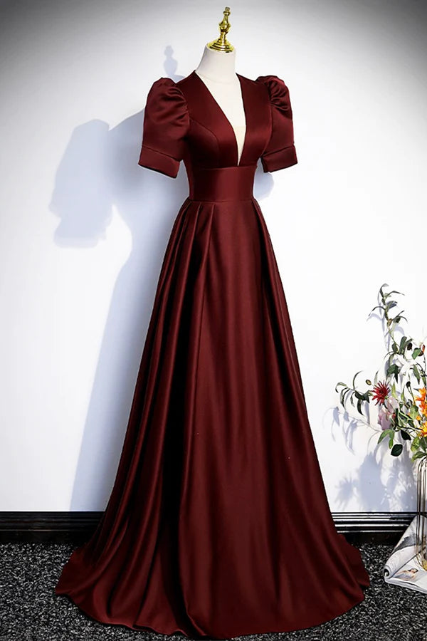 Wholesale Burgundy V-Neck Satin Long Prom Dress Simple Short Sleeve Evening Party Dress