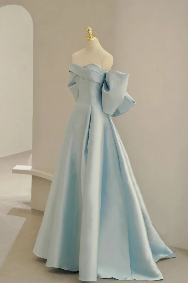 Wholesale Blue Satin Long Prom Dress with Big Bow Blue A-Line Evening Party Dress