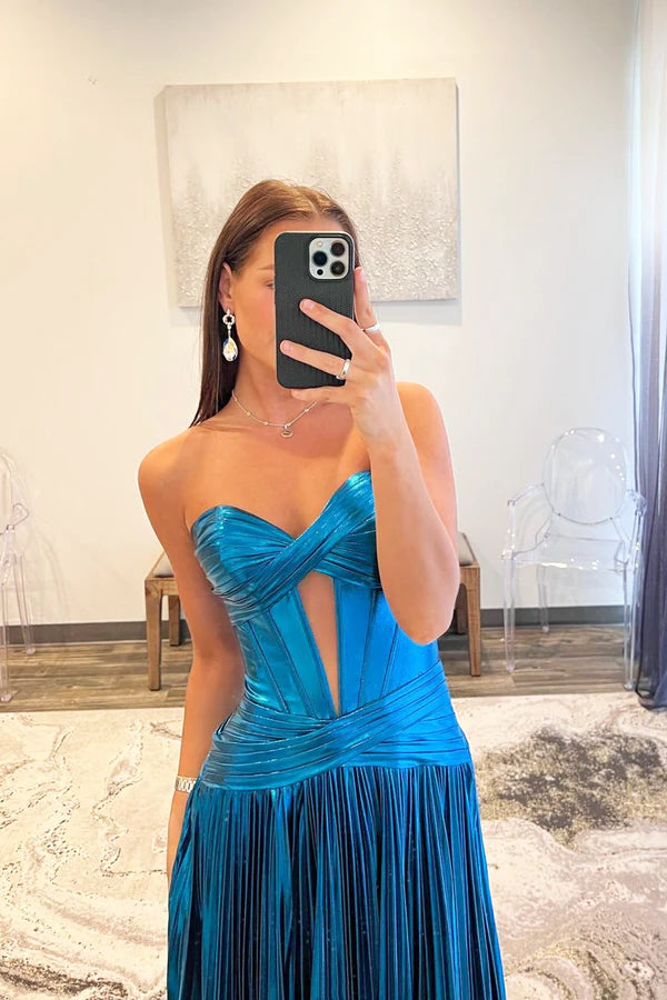 Wholesale Blue Satin Long Floor Length Prom Dress A-Line Blue Strapless Evening Dress Formal Dress