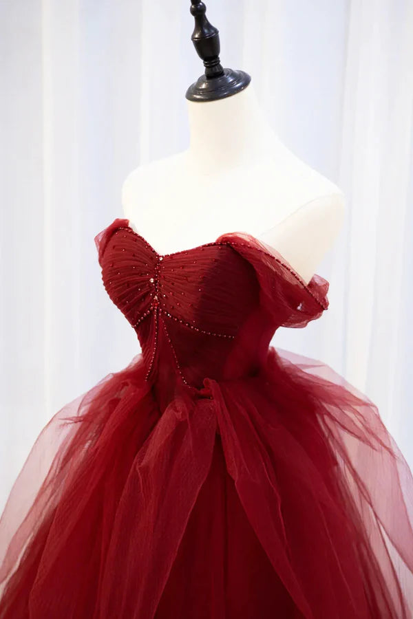 Wholesale Burgundy Tulle Long Prom Dress with Beaded Burgundy Off Shoulder Evening Dress