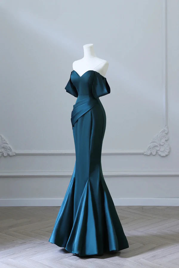 Wholesale Simple Off Shoulder Satin Ink Blue Long Prom Dress Ink Blue Mermaid Formal Dress