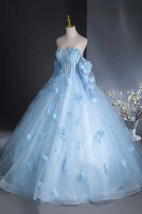 Wholesale Blue Tulle Long Sleeves Formal Dress with Flowers Blue A-Line Prom Party Dress