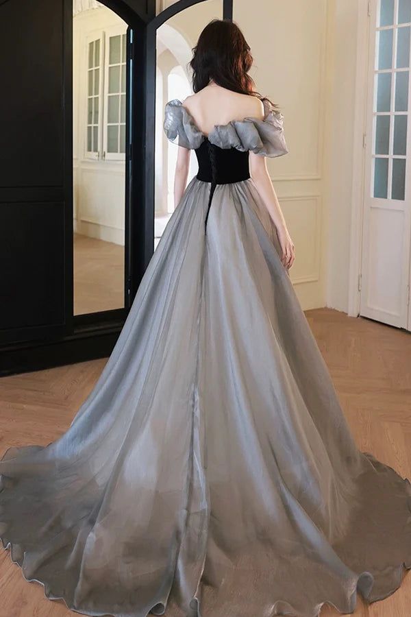 Wholesale Gray Tulle and Black Velvet Long Prom Dress Off the Shoulder Evening Party Dress