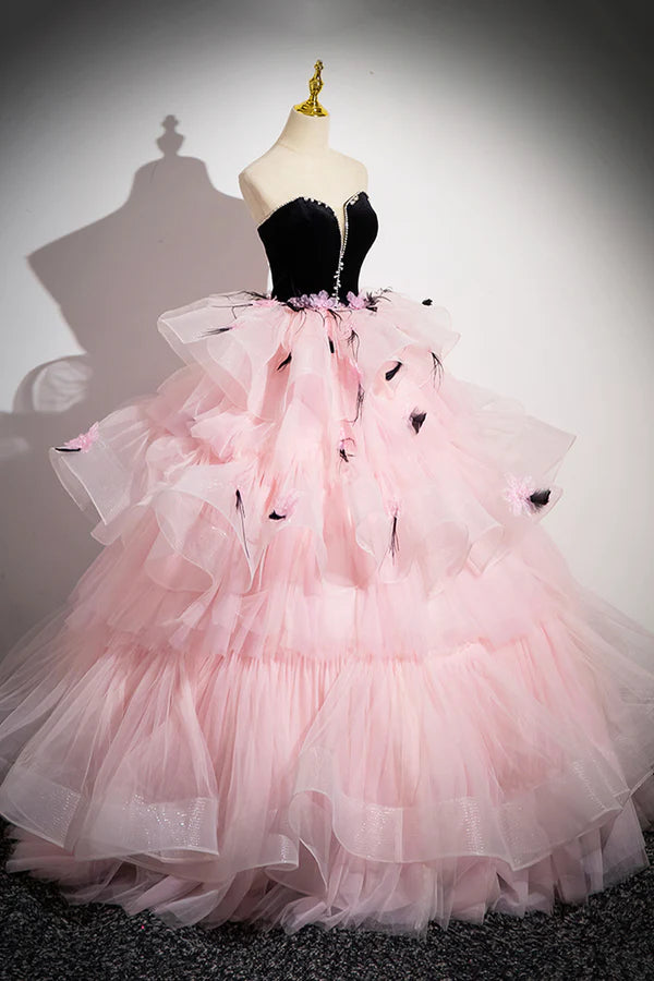 Wholesale Black Velvet and Pink Tulle Strapless Ball Gown Pink Backless Ruffles Formal Evening Dress
