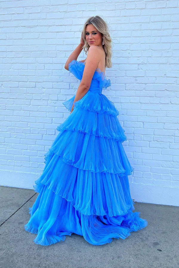 Wholesale Blue Strapless Princess Tulle Layers Ruffles Long Prom Dress