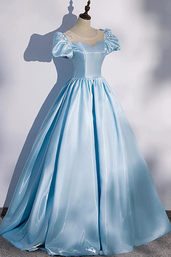 Wholesale Blue Satin Long Prom Dress Blue A-Line Scoop Neckline Short Sleeve Evening Dress