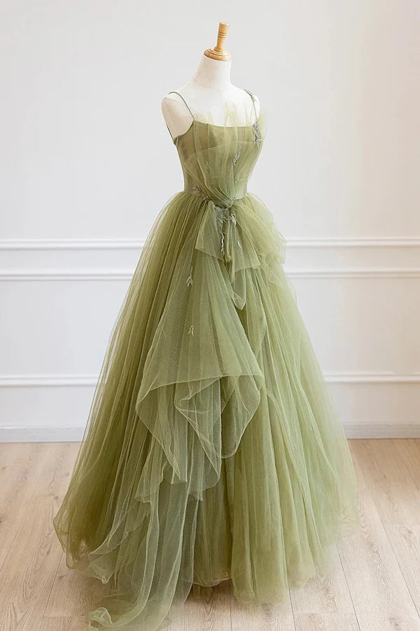 Wholesale Green Tulle Long A-Line Prom Dress Beautiful Spaghetti Strap Evening Dress