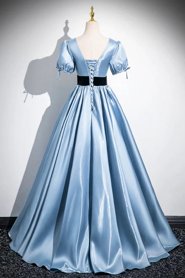 Wholesale Blue Satin and Black Velvet Long Prom Dress A-Line V-Neck Short Sleeve Evening Dress