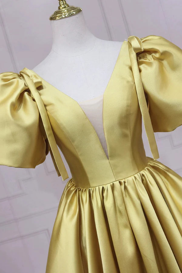 Wholesale Yellow V-Neck Satin Long Prom Dress A-Line Puff Sleeves Evening Party Dress