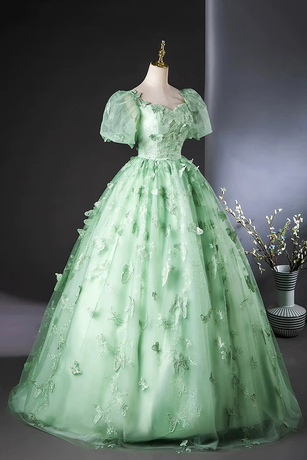 Wholesale Green Tulle Long A-Line Prom Dress with Butterfly Lace Beautiful Short Sleeve Evening Dress