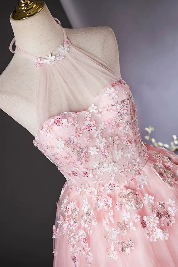 Wholesale Pink Halter Tulle Flowers Long Prom Dress Beautiful Backless Evening Party Dress