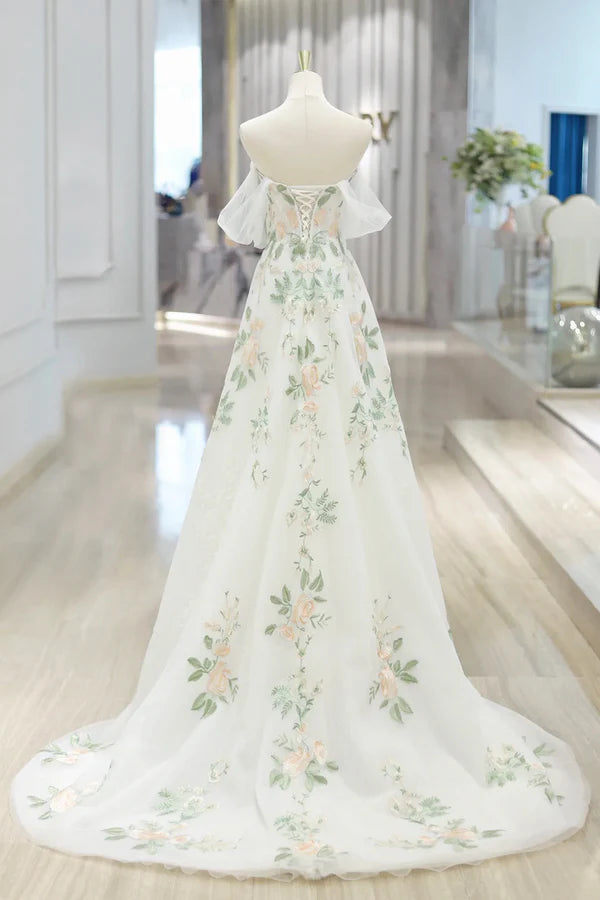 Wholesale Beautiful Floral Lace Tulle Long Prom Dress White Off the Shoulder Evening Party Dress