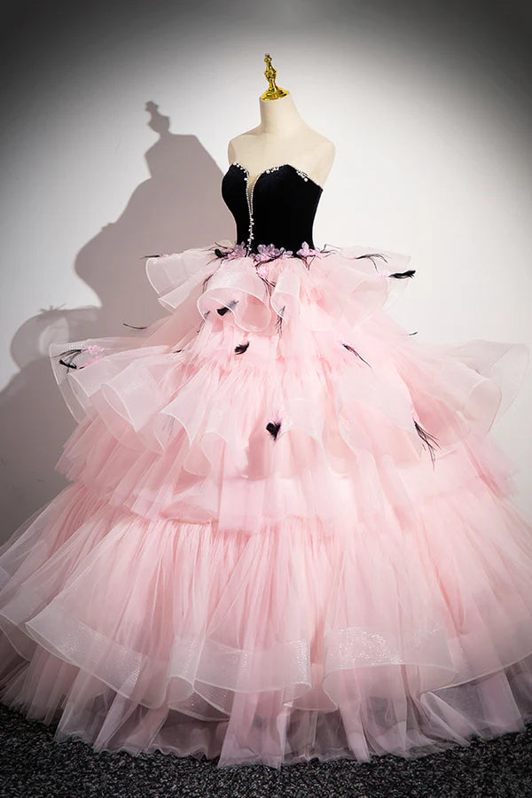 Wholesale Black Velvet and Pink Tulle Strapless Ball Gown Pink Backless Ruffles Formal Evening Dress