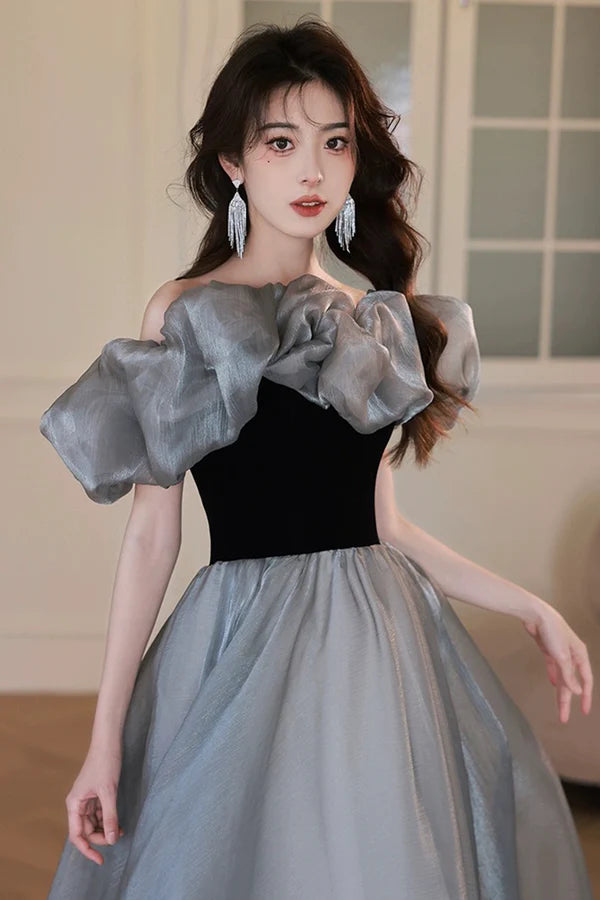 Wholesale Gray Tulle and Black Velvet Long Prom Dress Off the Shoulder Evening Party Dress