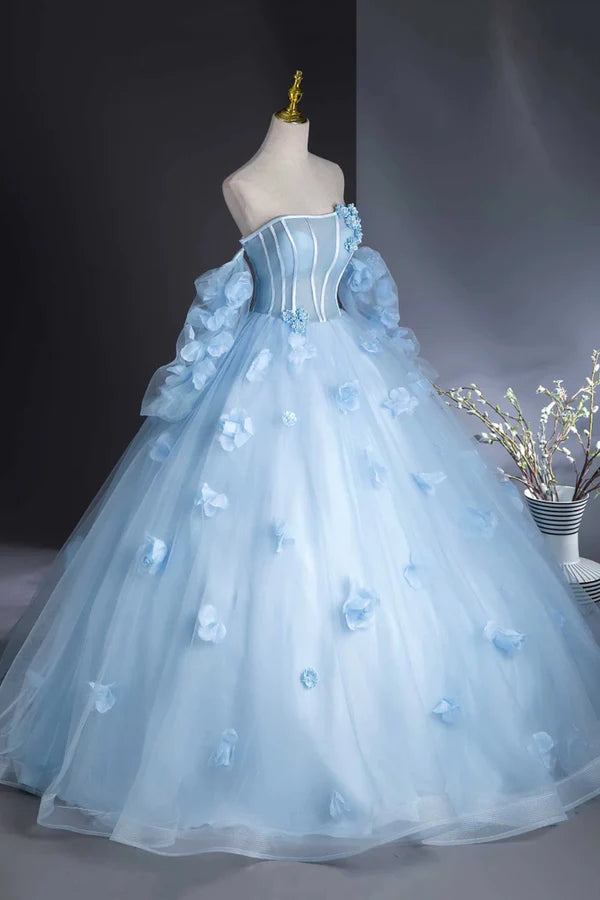 Wholesale Blue Tulle Long Sleeves Formal Dress with Flowers Blue A-Line Prom Party Dress
