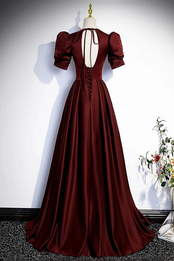 Wholesale Burgundy V-Neck Satin Long Prom Dress Simple Short Sleeve Evening Party Dress