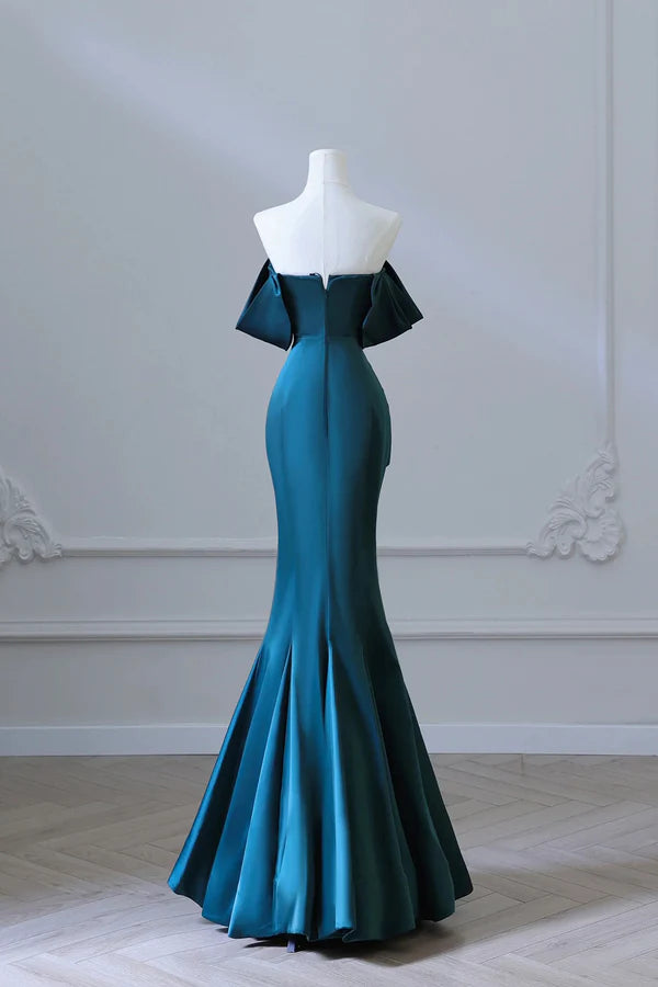 Wholesale Simple Off Shoulder Satin Ink Blue Long Prom Dress Ink Blue Mermaid Formal Dress