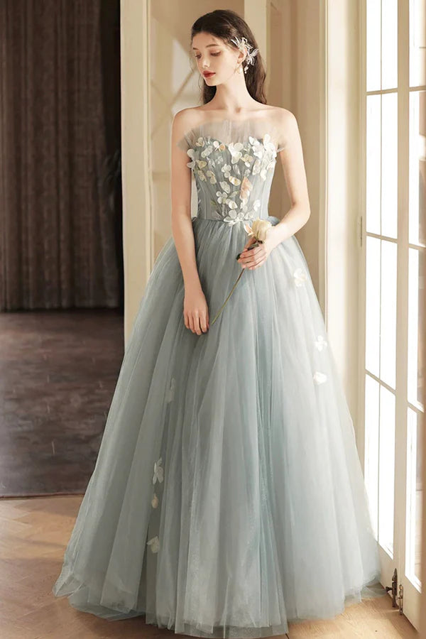 Wholesale A-Line Gray Tulle Strapless Floor Length Prom Dress Beautiful Backless Evening Party Dres with Flowers