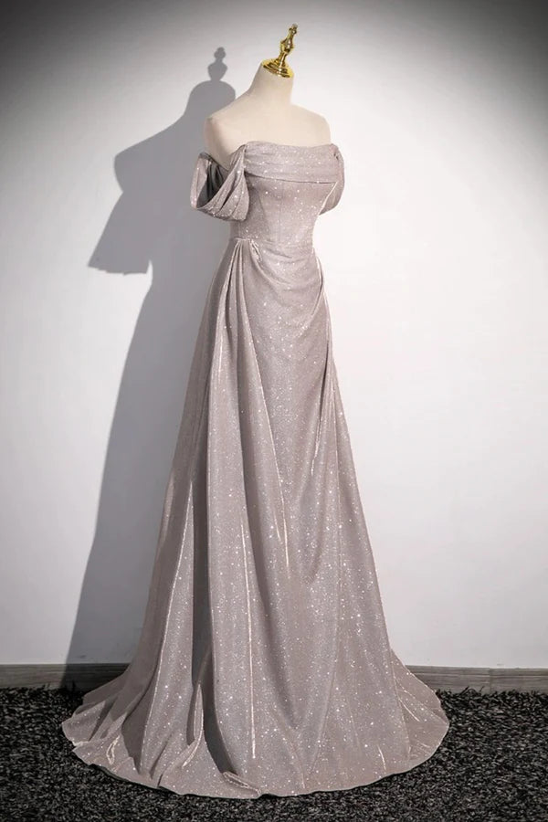 Wholesale Grey Sequins Ruffle Long Party Dress Off the Shoulder Short Sleeve Sweep Train Evening Dress