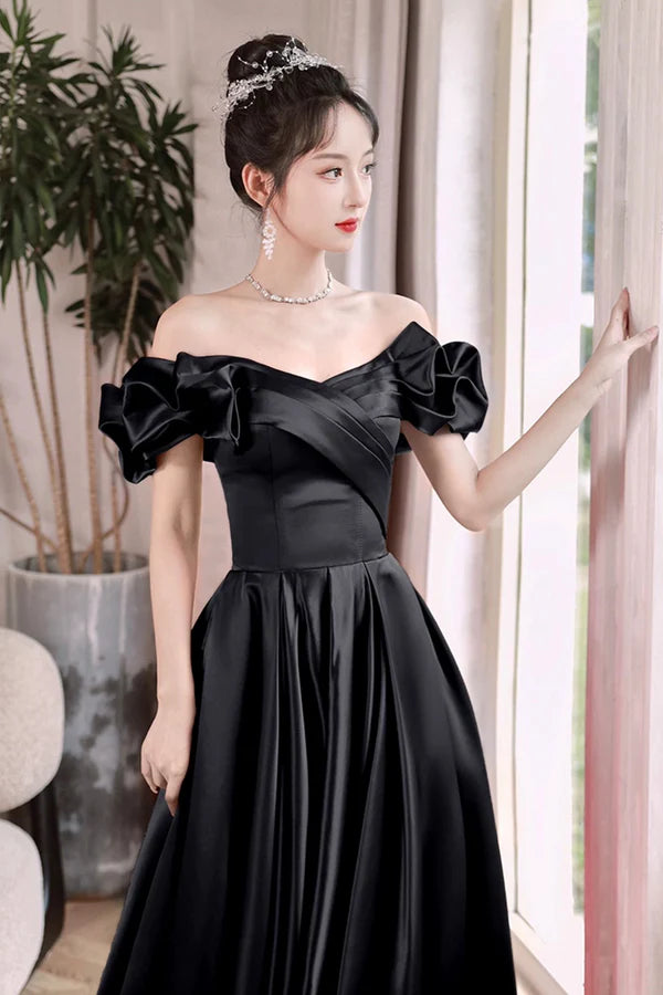 Wholesale Black Satin Floor Length A-Line Prom Dress Off the Shoulder Evening Party Dress
