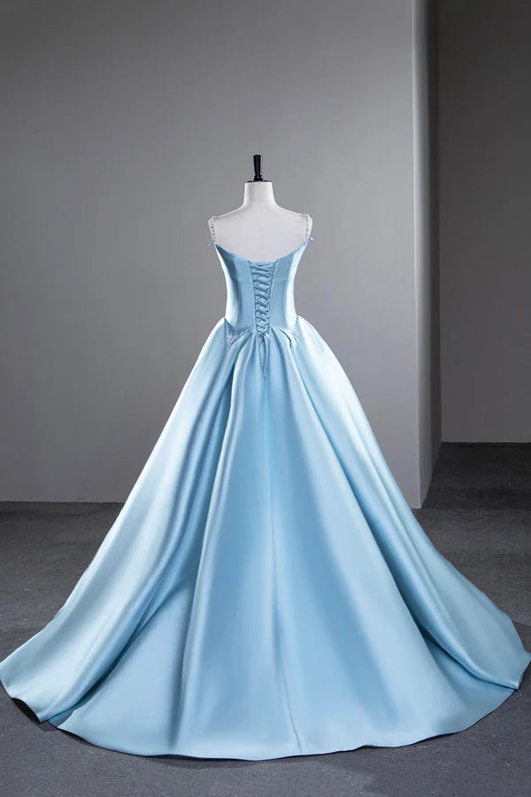 Wholesale Blue Satin Long Prom Dress A-Line Spaghetti Strap Evening Party Dress