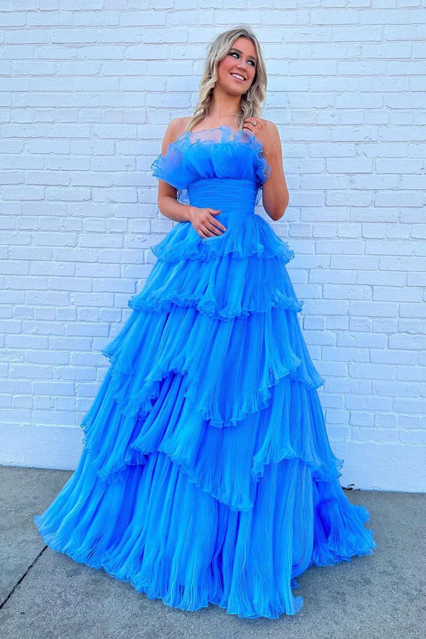 Wholesale Blue Strapless Princess Tulle Layers Ruffles Long Prom Dress