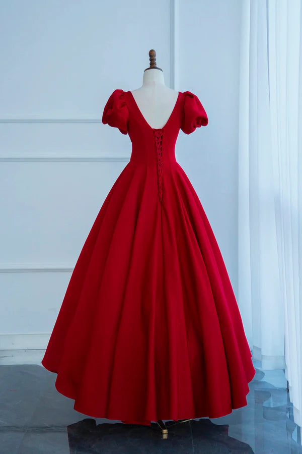 Wholesale Dark Red Short Sleeve Long Prom Dress Beautiful A-Line Evening Party Dress