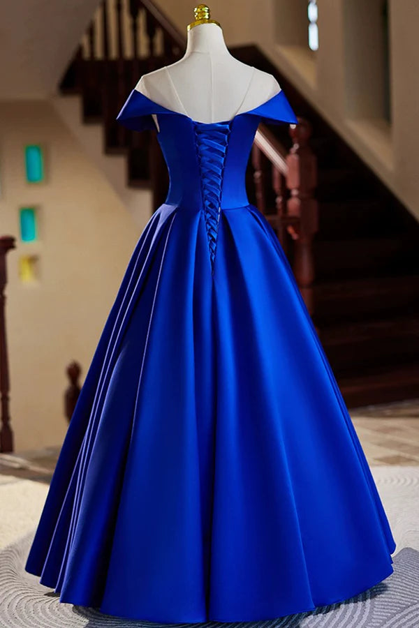 Wholesale Blue Satin Floor Length Prom Dress Elegant A-Line Evening Party Dress