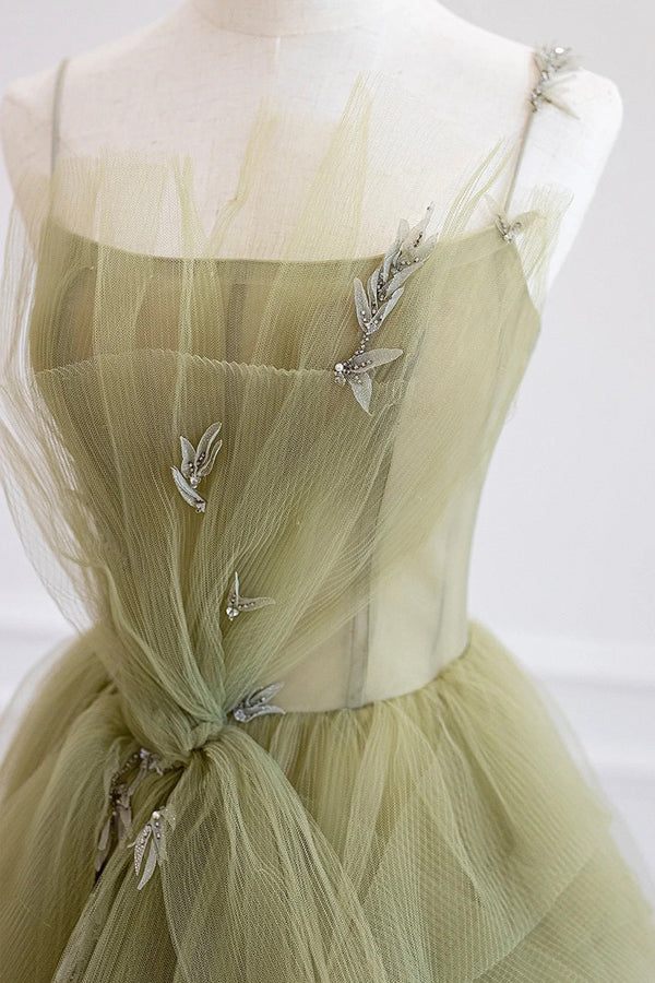 Wholesale Green Tulle Long A-Line Prom Dress Beautiful Spaghetti Strap Evening Dress