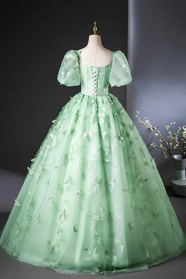 Wholesale Green Tulle Long A-Line Prom Dress with Butterfly Lace Beautiful Short Sleeve Evening Dress